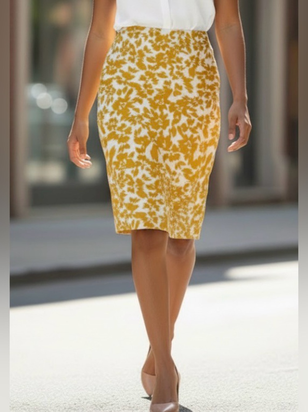 LOFT Mustard Yellow & White Floral Cotton Stretch Pencil Skirt Size 12P Career